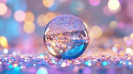 Poster - A glowing orb emits a captivating light, creating a mystical aura as it rests on a sparkling surface filled with vibrant colors
