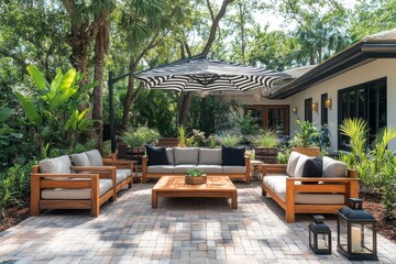 beautiful miami home with brick patio, black and white striped umbrella, wooden sofa and chairs, pot