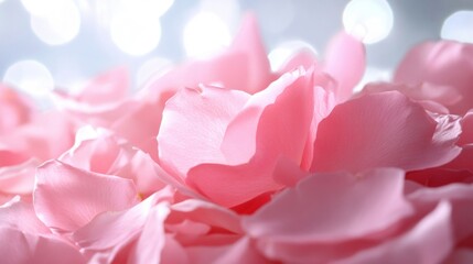 Poster - Delicate pink rose petals lie scattered, illuminated by enchanting bokeh lights that enhance the tranquil ambiance, ideal for celebrations