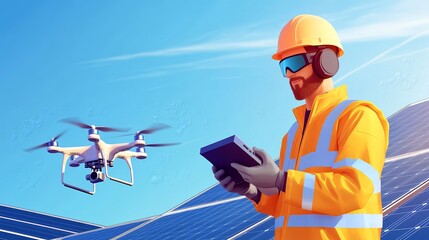 Poster - A worker operates a drone over solar panels, showcasing renewable energy technology.