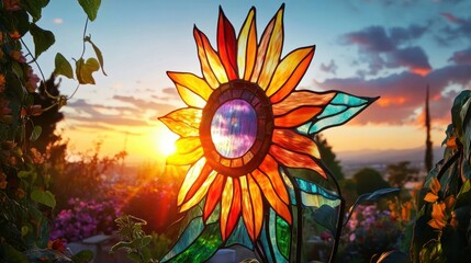 Wall Mural - a beautiful stained glass sunflower glows brightly as the sun sets, casting colorful reflections in 