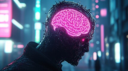 Poster - A zombie devours a radiant brain against the backdrop of a vibrant neon city street, capturing a chilling urban atmosphere at night