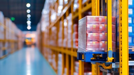 Poster - Warehouse with stacked pallets on a robotic system for inventory management.
