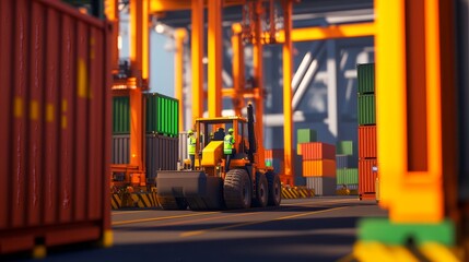 Poster - A construction vehicle operates in a busy shipping yard surrounded by colorful containers.
