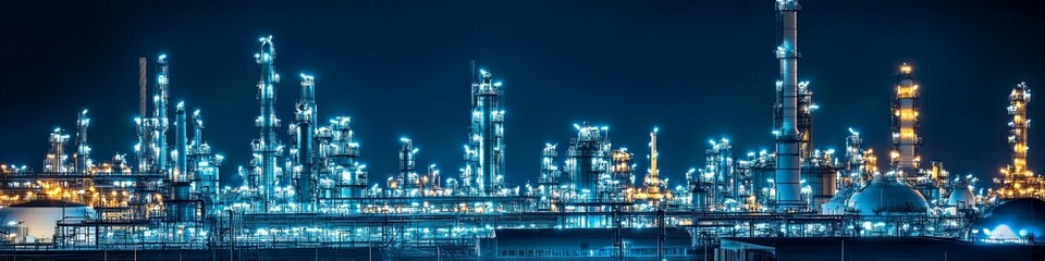 Poster - Nighttime industrial landscape with illuminated structures and machinery.