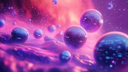 Wall Mural - A vibrant cosmic scene featuring floating spheres amidst a colorful nebula.