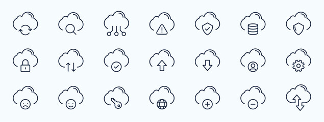 Poster - Cloud computing icon set. featuring upload, download, security, sync, storage minimal thin line web icon set. Outline icons collection. Vector illustration. Editable stroke