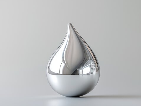 Reflective Silver Droplet on Neutral Gray Background: Minimalist Abstract Image