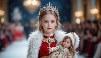 Wall Mural - very cute little Russian girl, Wearing red traditional Russian clothes walking down the runway as snow princess with diamond tiara, white fur coat and hat, holding doll wearing ornate dress, jewelry