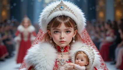 Wall Mural - very cute little Russian girl, Wearing red traditional Russian clothes walking down the runway as snow princess with diamond tiara, white fur coat and hat, holding doll wearing ornate dress, jewelry