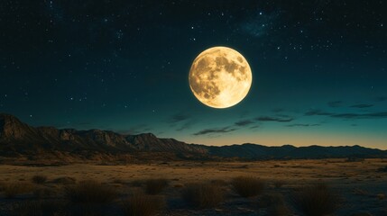 majestic full moon over a desert landscape with dark mountains and starry sky creating a serene atmo