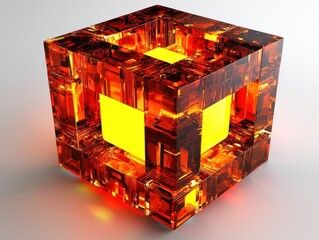 Poster - Luminous Amber Cube: A 3D Abstract Composition of Glowing Geometric Forms