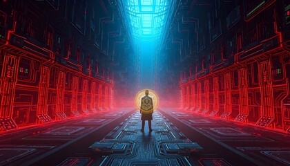 Person standing in a tunnel with code