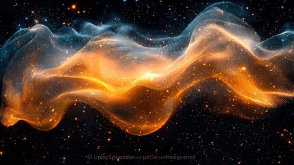 Poster - Luminous Cosmic Wave: Abstract Flowing Particles of Orange and Blue