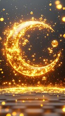 Wall Mural - Luminous Crescent Moon: A Celestial Tapestry of Golden Light and Sparkling Particles