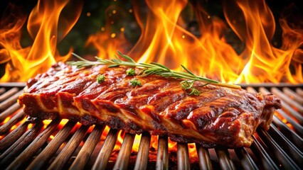 Wall Mural - Sizzling BBQ Ribs on a Fiery Grill, Garnished with Fresh Herbs, a Culinary Delight