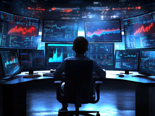 Poster - A data analyst intently monitors multiple screens displaying intricate financial charts and graphs, analyzing market trends to make informed trading decisions in a high-tech environment.