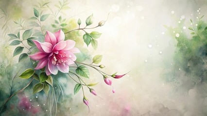 Wall Mural - Serene Pink Blossom and Verdant Foliage Watercolor Painting, Ideal for Elegant Home Decor and Artistic Print Designs