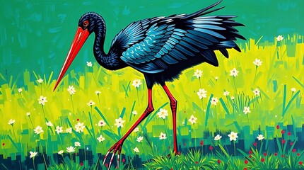 Wall Mural - Vibrant black stork in a field of flowers.