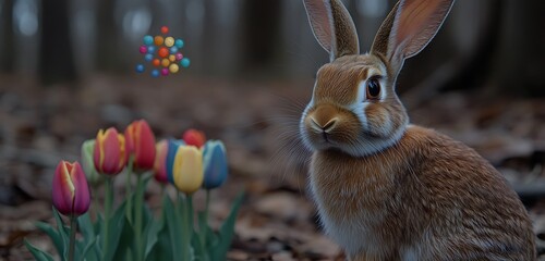 Wall Mural - A bunny exploring a vegetable garden, hopping between rows of plants.