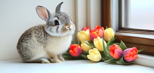 Wall Mural - A bunny with soft brown fur sitting next to a patch of colorful tulips.