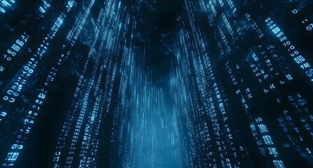 Binary code background, blue color, matrix, with lines creating a futuristic atmosphere, conveying a technological atmosphere