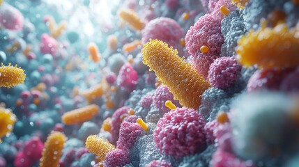 Poster - Microscopic View of a Vibrant Microbial Ecosystem: Detailed 3D Rendering of Bacteria and Microorganisms