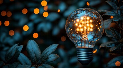 Wall Mural - Lit bulb on plant with blurred dots background