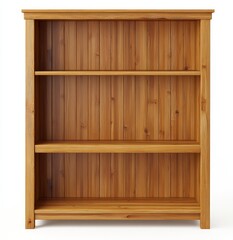 Poster - Wooden bookcase with three shelves, light brown wood finish, isolated on white background.