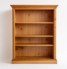 Poster - Empty wooden bookcase with three shelves against a white wall.