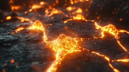 Poster - Molten Rock Flowing Across Dark Surface with Glowing Embers and Sparks