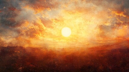 Wall Mural - Fiery Sunset over Majestic Mountains: A breathtaking panorama of vibrant colors painting the sky at sunset, casting an orange and gold glow over rolling hills and distant mountains.