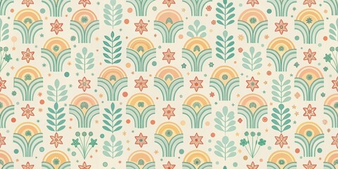 Wall Mural - A whimsical and enchanting seamless pattern featuring stylized floral motifs and rainbow arches, ideal for textile design and surface decoration.