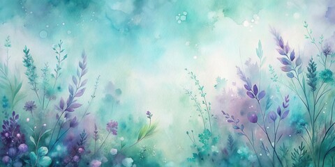 Wall Mural - Enchanted Meadow A Serene Watercolor Painting of Ethereal Flora in Soft Teal and Lavender Hues