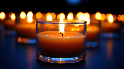 Wall Mural - Lit candles glow in dark space, group in background