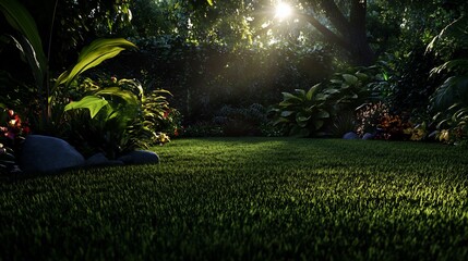 Canvas Print - Sunlit Tropical Garden Paradise: Lush Greenery and Serene Atmosphere