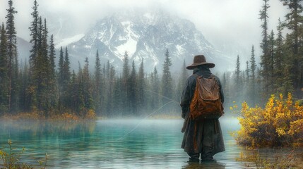 Canvas Print - Solitary Fisherman in a Snow-Covered Mountain Lake