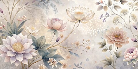Wall Mural - Serene Botanical Tapestry Featuring Delicate Blooms and Intricate Foliage in Soft Pastel Hues