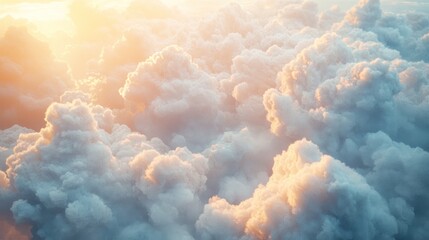 Wall Mural - Golden Hour Cloudscape: A Serene Aerial View of  Fluffy Clouds Illuminated by the Sunset