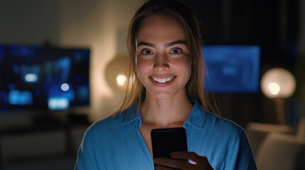 Aufkleber - Smiling businesswoman using smartphone at night with computer screens in background