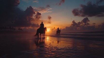 Wall Mural - Silhouetted riders on horseback at sunset, tranquil beach scene. Perfect for travel, freedom, and serenity themes, evokes peace and adventure.