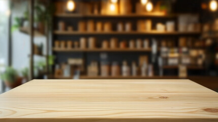 Poster - Empty wooden table with blurred background of coffee shop interior