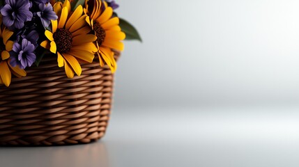 Wall Mural - Sunflowers and Purple Flowers in a Wicker Basket