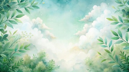 Wall Mural - Serene Watercolor Landscape Dreamlike Canopy of Lush Greenery Over a Soft, Cloudy Sky