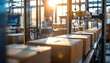 © Hadyan - Automated Packaging Line: Cardboard boxes move smoothly along a conveyor belt in a modern warehouse, bathed in the warm glow of the setting sun.  The image conveys efficiency, logistics.