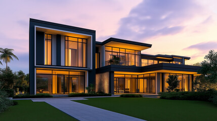 Poster - Modern luxury villa illuminating the dusk with warm light