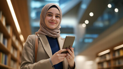 Poster - Smiling muslim woman using smartphone in modern library: education and technology