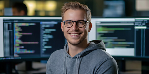 Leinwandbilder - Software developer smiling while working on computer in office at night, programming code on screen