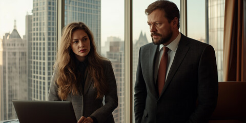 Poster - Businesspeople working on laptop in modern office with city view