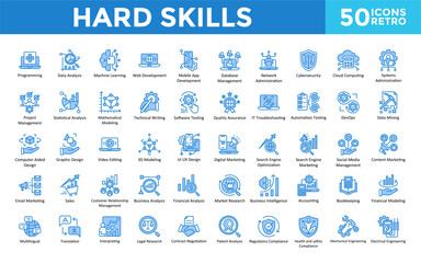 Wall Mural - Hard Skills icon set with programming, data analysis, machine learning, web, mobile app, database management, network administration, cybersecurity, cloud computing icon. Simple retro vector 
